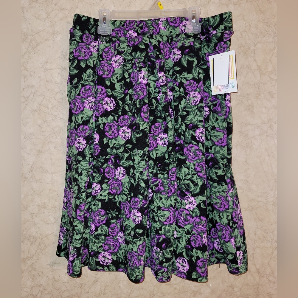 LuLaRoe "Madison" Skirt-Black w/Purple & Green Floral Print-Size Large-NEW-NWT